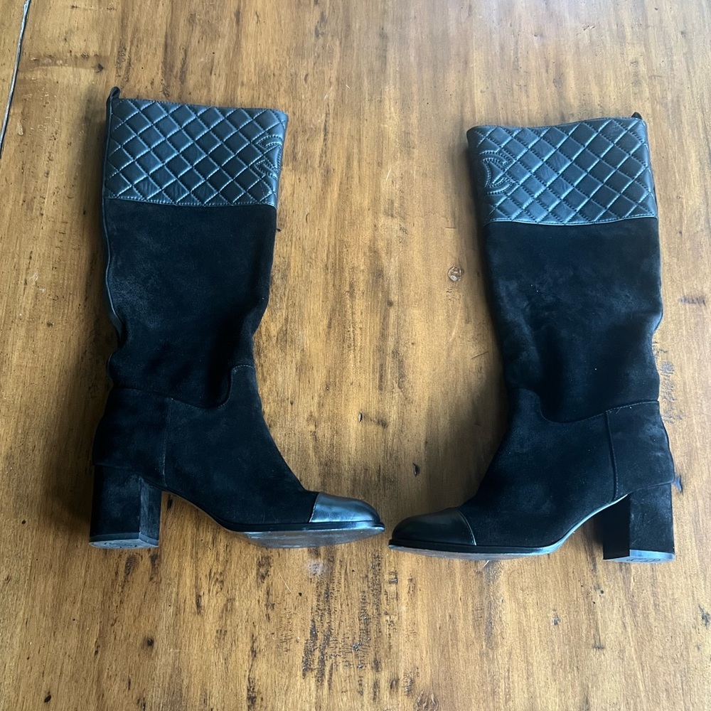 CC black suede & quilted leather knee-high cap toe ridding boots SZ 41 EU 9 US - Picture 5 of 16